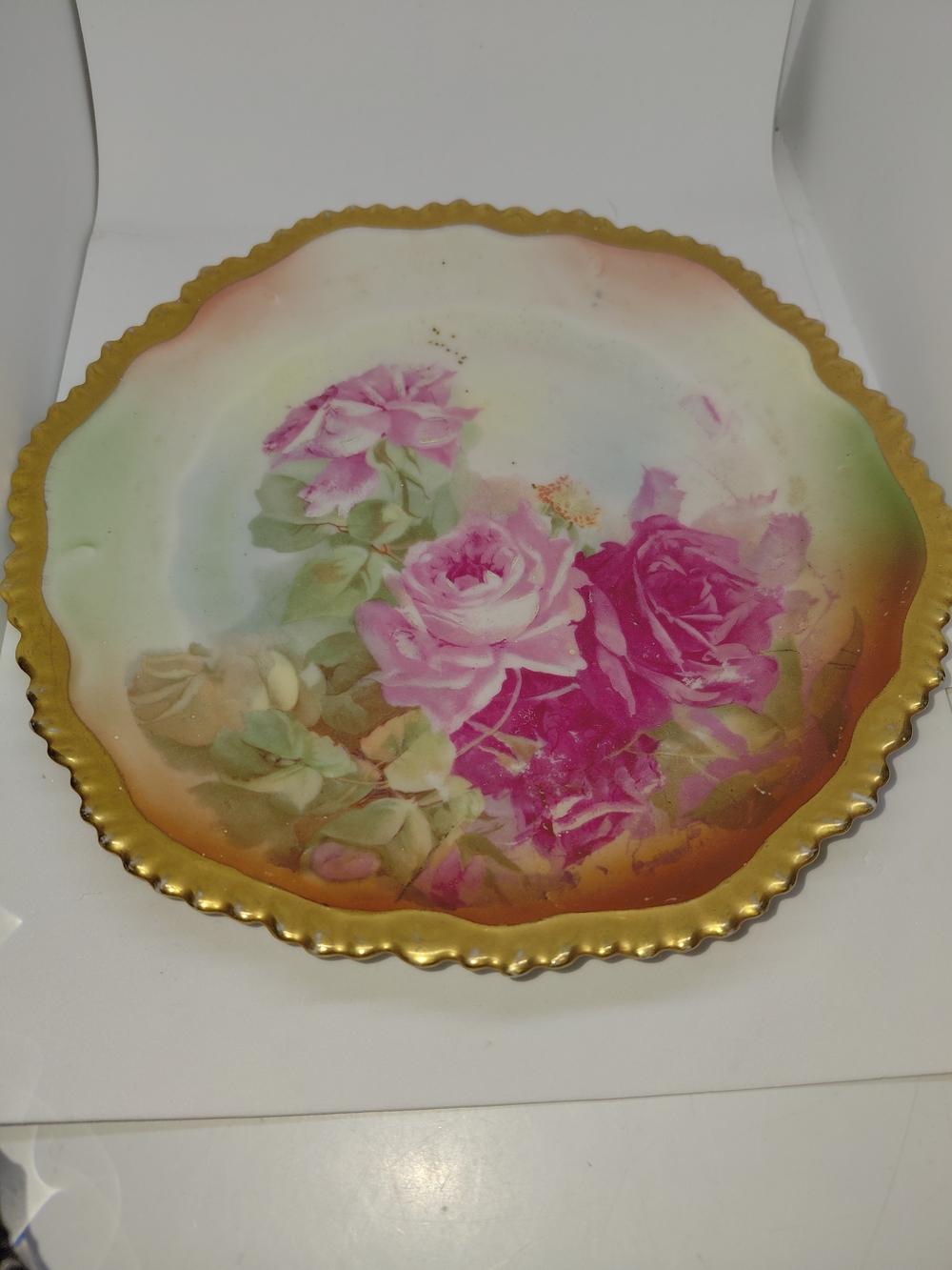 Gold Rim Floral Decorative Plate - Pink Rose Design